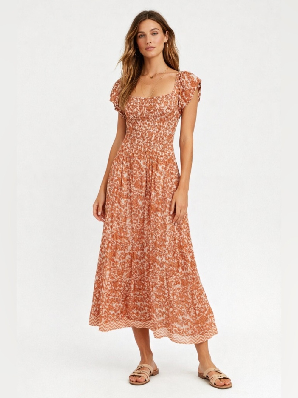NWT FREE PEOPLE Ultraviolet Floral Print Smocked Midi Dress in Tea Combo XS